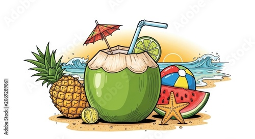 Tropical Refreshing Coconut Drink with Fruits on Beach Scene.