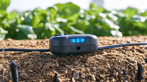 Smart irrigation controller unit with blue indicator lights outdoors