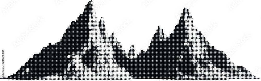 Obraz premium Dotted rendition of rugged mountain peaks and landscape against a gray checkered backdrop.