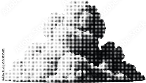 Tableau sur toile Cumulus cloud cluster rendered using halftone dots creating textured voluminous abstract shapes on transparent background
