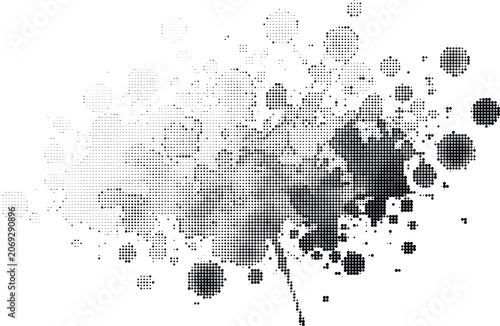 Fotografie Explosion of black dots and circles in halftone style, abstract splash effect symbolizing energy and dynamism with a creative and artistic modern composition