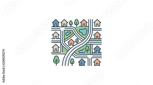 Colorful illustration of neighborhood streets.