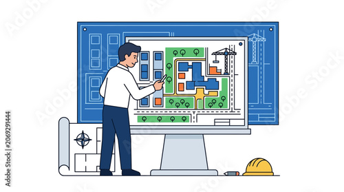 Man looking at blueprint on computer.