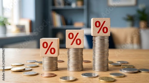 Three stacks of metal coins with wooden percentage blocks representing interest rate growth.