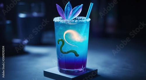 Glowing blue cocktail with a gummy worm and flower garnish