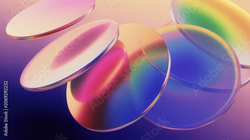 Abstract 3d render of floating iridescent glass discs