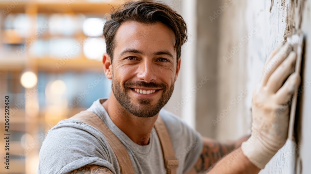 Obraz premium Worker smiles while applying plaster to a wall in a construction site during daytime