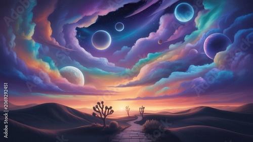 Surreal desert landscape with multiple moons and nebula