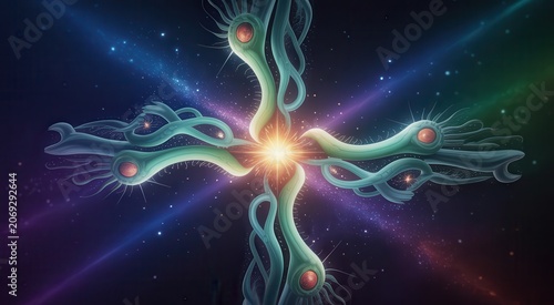 Cosmic alien entity with glowing eyes in deep space
