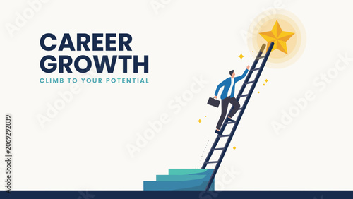 Businessperson climbing career ladder graphic – Suitable for talent management presentations, leadership training, or career coaching banners.