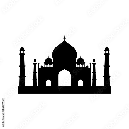 Masterpiece Taj Mahal icon featuring the iconic central dome and four minarets arranged in a perfectly symmetrical composition. Premium black and white vector emblem ideal for travel, tourism, geograp