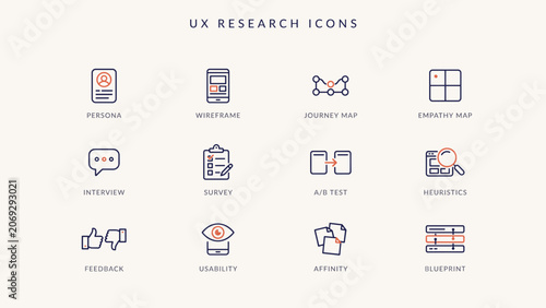 UX research deliverables monoline icon sheet – Perfect for user experience design portfolios, tech agency websites, or wireframing presentation tools.