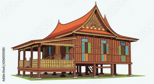 Traditional Southeast Asian Wooden House on Stilts.