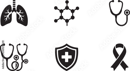 Professional medical vector illustration set featuring black flat icons of human lungs chemical structure stethoscope shield and awareness ribbon symbols