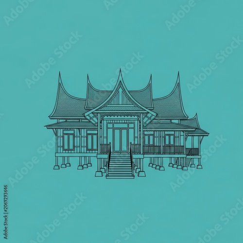 Traditional Indonesian House Architecture Line Art.