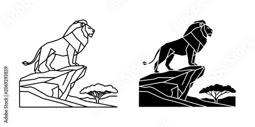 Lion standing on a rocky cliff silhouette vector icon set with wildlife predator silhouette savannah majestic standing wilderness isolated