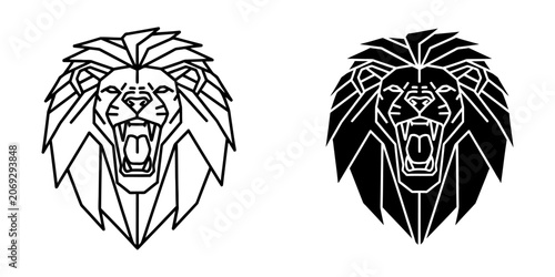 Roaring lion head geometric graphic design with wildlife geometric minimalist aggressive silhouette predator creature stylized isolated