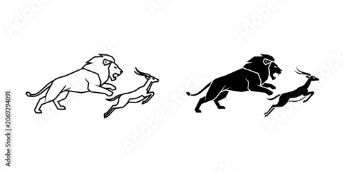 Lion hunting a gazelle vector action illustration with big cat predator wildlife silhouette savannah minimalist graphics illustration isolated