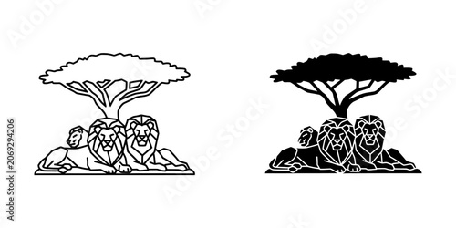 Lions resting under an acacia tree vector graphic with big cat wildlife silhouette minimalist graphics illustration wilderness savannah