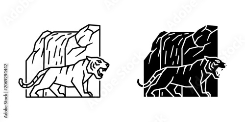Roaring tiger standing near waterfall vector illustration with waterfall wildlife predator illustration adventure monochrome silhouette powerful