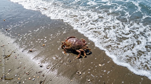 Fotografie Single crab on sandy beach with foamy ocean waves washing ashore on sunny day