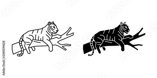 Tiger resting on a tree branch vector illustration with wildlife predator illustration sleeping relaxing silhouette monochrome climbing