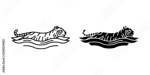Tiger swimming in water vector illustration with big cat swimming wildlife predator silhouette illustration minimalist monochrome isolated
