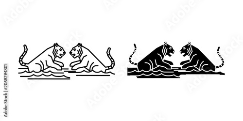 Two tigers interacting in water vector illustration with big cat interaction wildlife predator silhouette illustration minimalist together