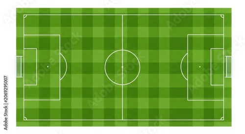 Top view of a green soccer field with white lines and goals.