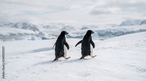 Obraz na plátně Two adelie penguins walk together across vast snow field against blurred mountain background in remote antarctic area