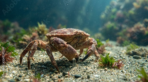 Underwater closeup photo of brown crab walking on sandy sea floor with rocks and seaweed under dramatic light beams.