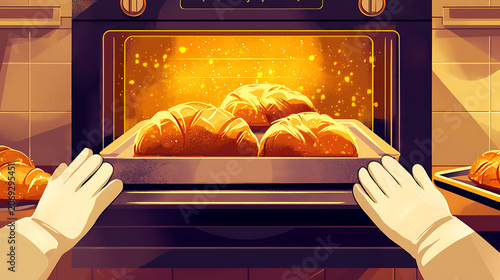 Person taking tray of croissants out of hot oven in kitchen