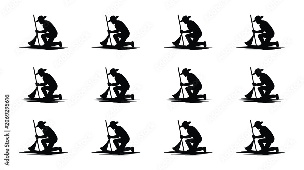 Obraz premium Man kneeling with a shovel in various positions