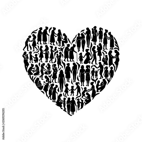 Black heart shape, human silhouettes, crowd pattern, love concept, vector icon