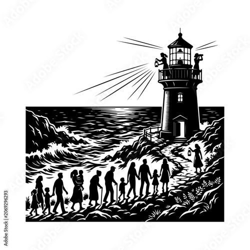Lighthouse, Silhouette, Family, Waves, Black and White, Vector Illustration, Coastal Scene