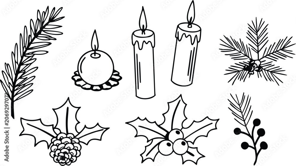 Fototapeta premium Christmas holiday set with pine branches, holly berries, a pinecone, and candles in black and white line style on a white background