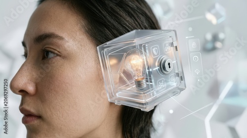 Futuristic visual concept featuring model's temple with lightbulb safe in high detail