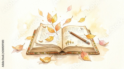 Autumn leaves scattered around an open book with a pencil on top