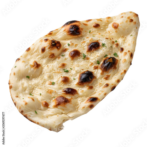 Freshly baked naan bread, a popular indian flatbread, garnished with parsley, golden brown with sesame seeds and char marks, food item
