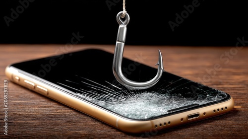 Dark smartphone with a shattered screen impaled by a fishing hook resting on wood surface under focused light