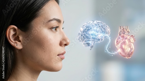 Modern digital representation of model profile with brain heart with 3D elements