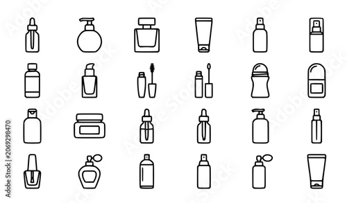 Cosmetics, skincare and beauty product line icons set