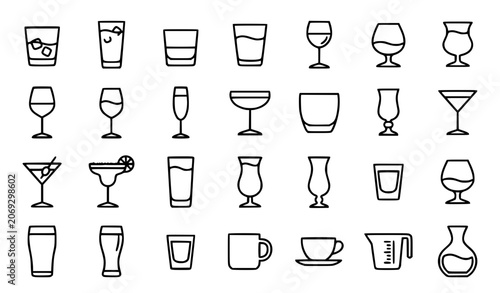 Drinking glasses, glassware and bar cocktail icons set