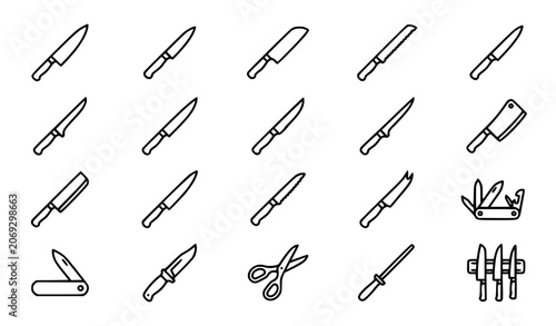 Kitchen knives, cutlery and chef tools icons set