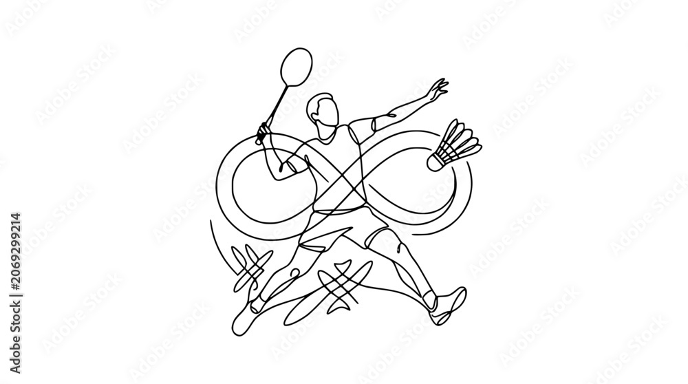 Fototapeta premium Badminton player action, continuous line art, infinity symbol, shuttlecock, sports