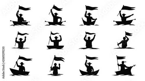 Tableau sur toile Silhouette of people in canoe or kayak waving flag celebrating victorious triump