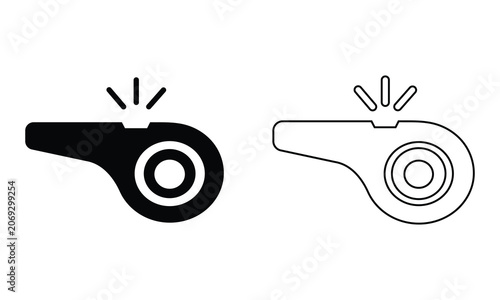 Referee Whistle Icon Set Black Silhouette and Outline Vector Symbol