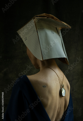 artistic portrait of a woman with a paper hat made of calendars V
