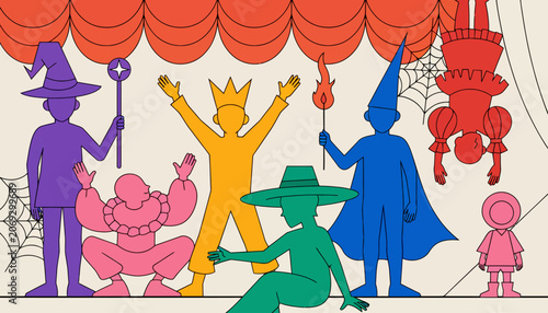Whimsical characters in colorful costumes entertain on a stage with vibrant curtains.