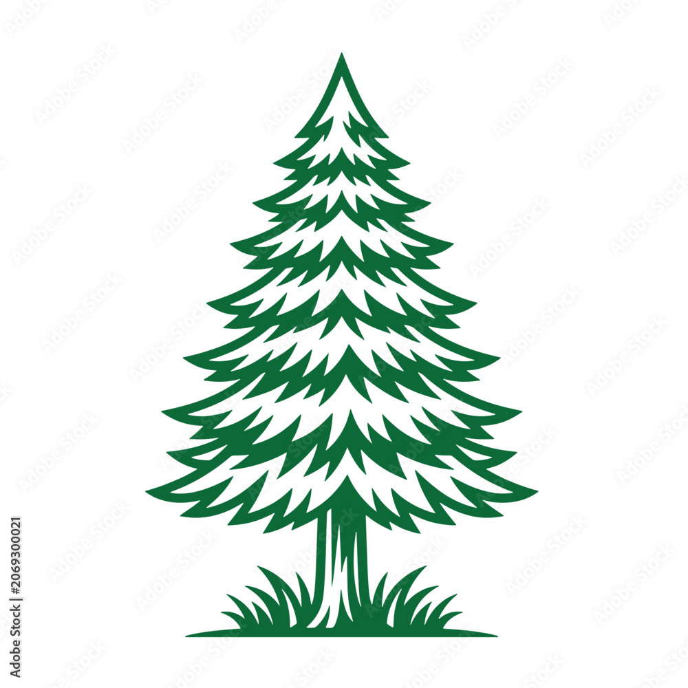 Obraz premium Stylized green pine tree with grass at the base, on a white background, conifer evergreen forest